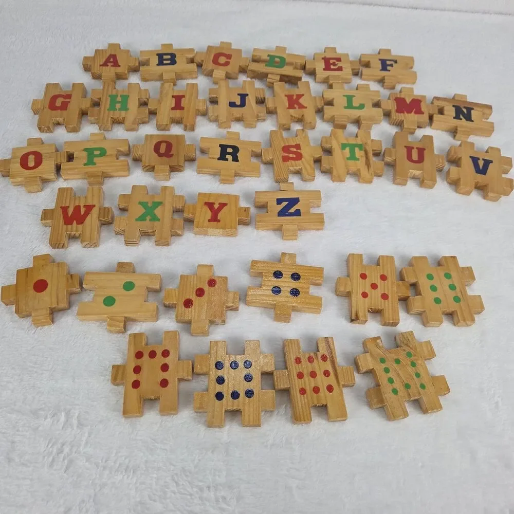 Vintage Wooden Interlocking Alphabet & Number Blocks Set of 36 Educational Toys